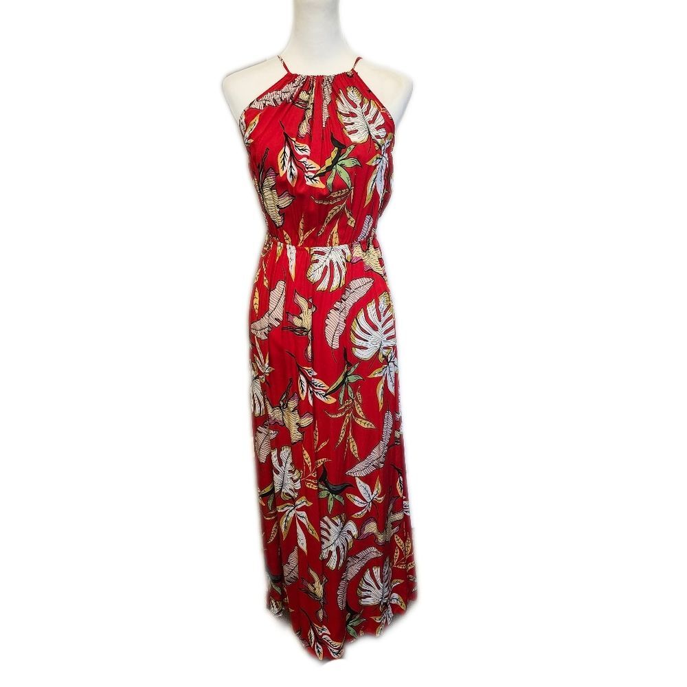 Silk & polyester blend red tropical maxi dress, floral print, ties at neck - S